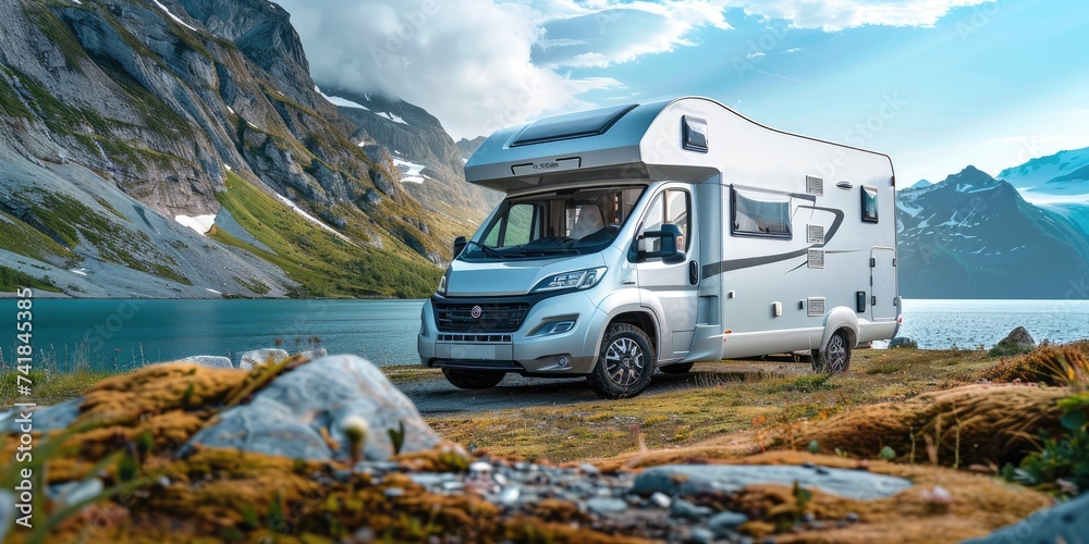 A parked motorhome on the background of the vibrant color breathtaking scenery