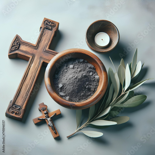 Ash Wednesday, faith, liturgy, religious ceremony background. Wooden cross, ceremonial dish with ash and olive branch on pastel grey background