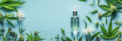 Glass bottle with dropper surrounded by cannabis leaves and buds on a blue background, showcasing CBD oil products. Banner with copy space.