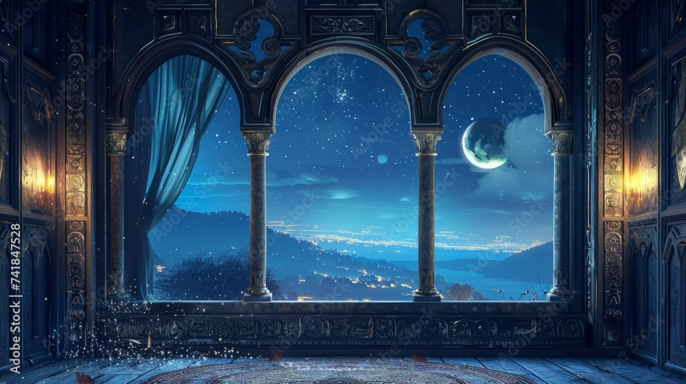 Illuminating night: captivating architectural window with crescent view illustration Illuminating night: captivating architectural window with crescent view illustration