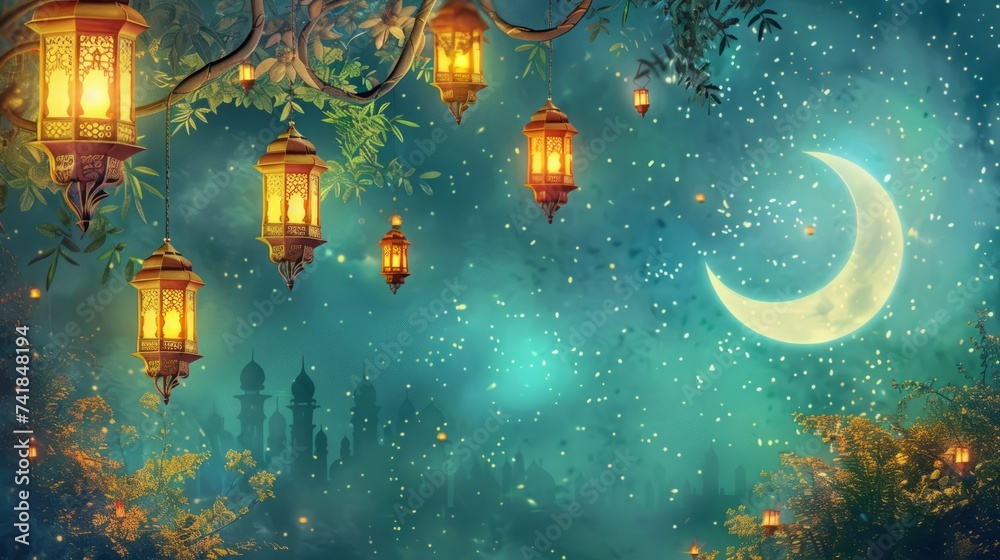Illuminating ramadan greetings: stunning card design with crescent moon and exquisite lanterns