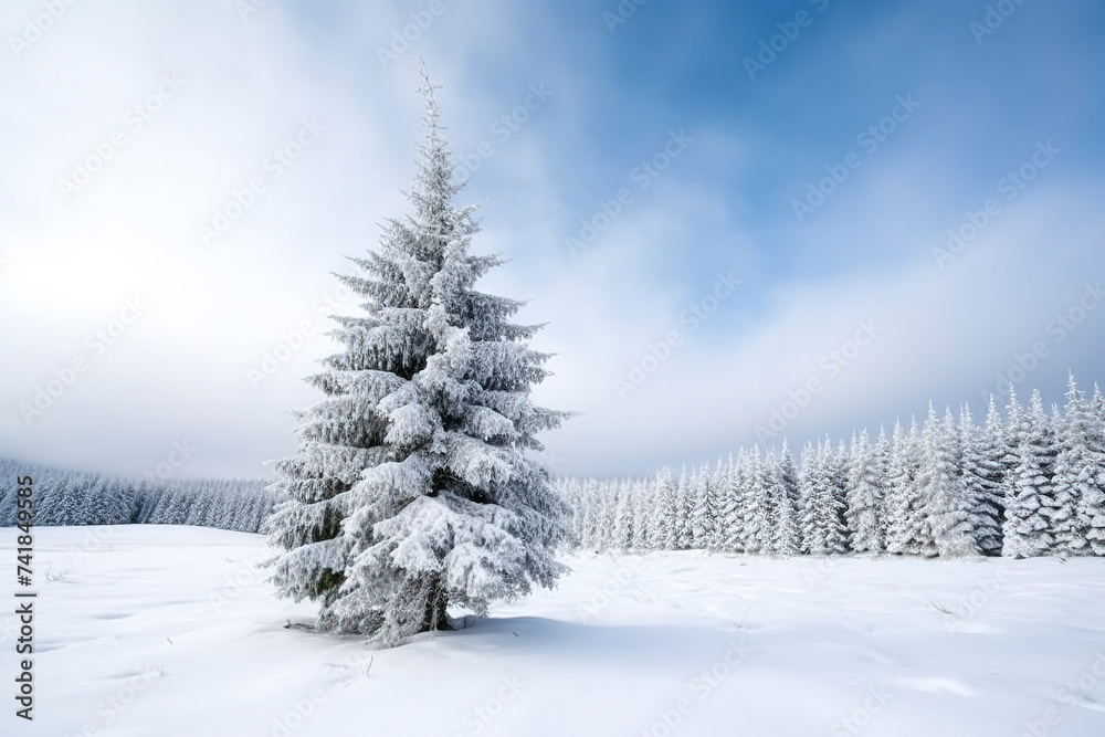 Fototapeta premium Winter Wonderland: Snow-Covered Pine Forest created with Generative AI technology
