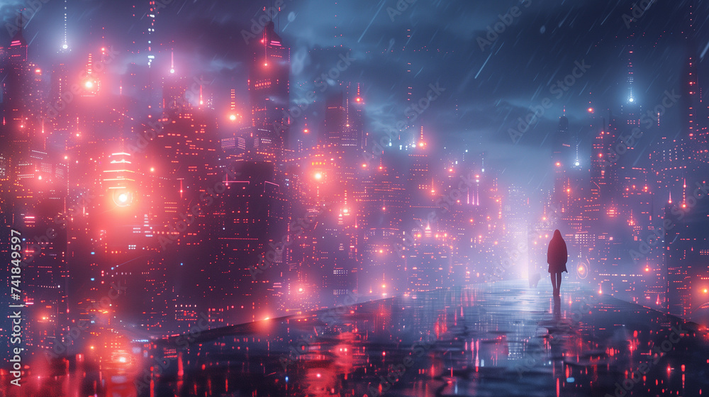 Conceptual image of a businessman walking towards a city at night