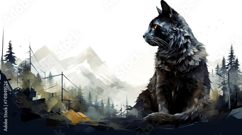 Majestic Feline Overlook in Stylized Mountain Landscape created with Generative AI technology