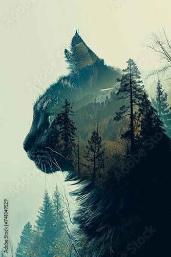 Whiskered Wilderness: A Double Exposure Portrait created with Generative AI technology