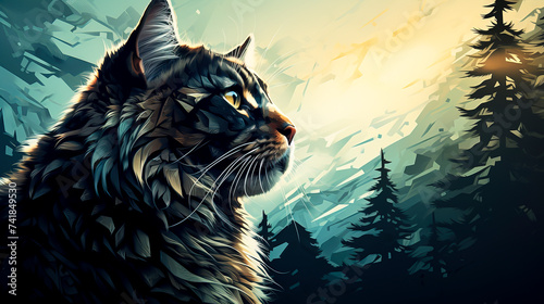 Majestic Feline Overlook in Stylized Mountain Landscape created with Generative AI technology
