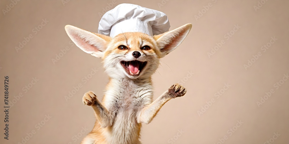 Cute fennec fox jumping with happiness wearing a chef's hat on a light plain background. Creative concept of animal cooks. Food promotion banner with copy space.