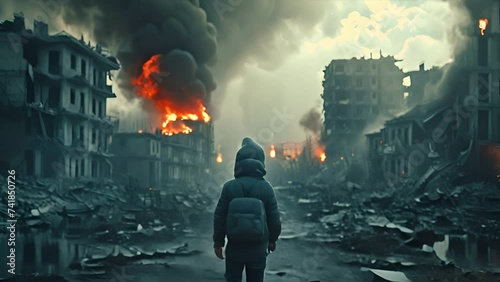Desperate Poor Afraid Child Standing in The Middle of War Zone Deserted Demolished City Buildings Burning in the Background,generative ai photo