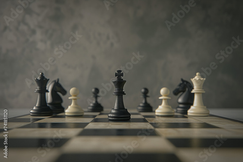 Strategic battles unfold on the black and white battlefield of a chess board, as the chessman stand poised for victory in this timeless tabletop game