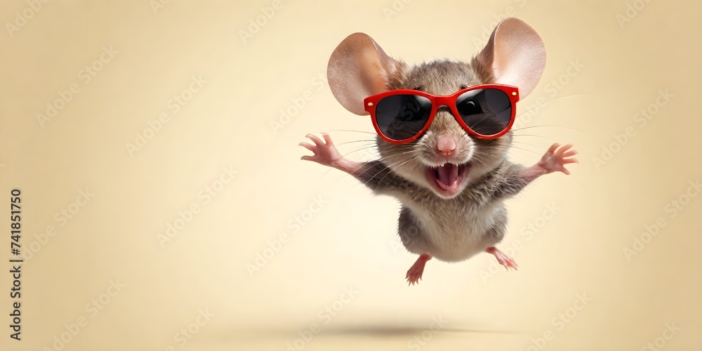 Portrait of a joyful jumping mouse in sunglasses against a light background. Promotional banner with copy space. Creative animal concept.
