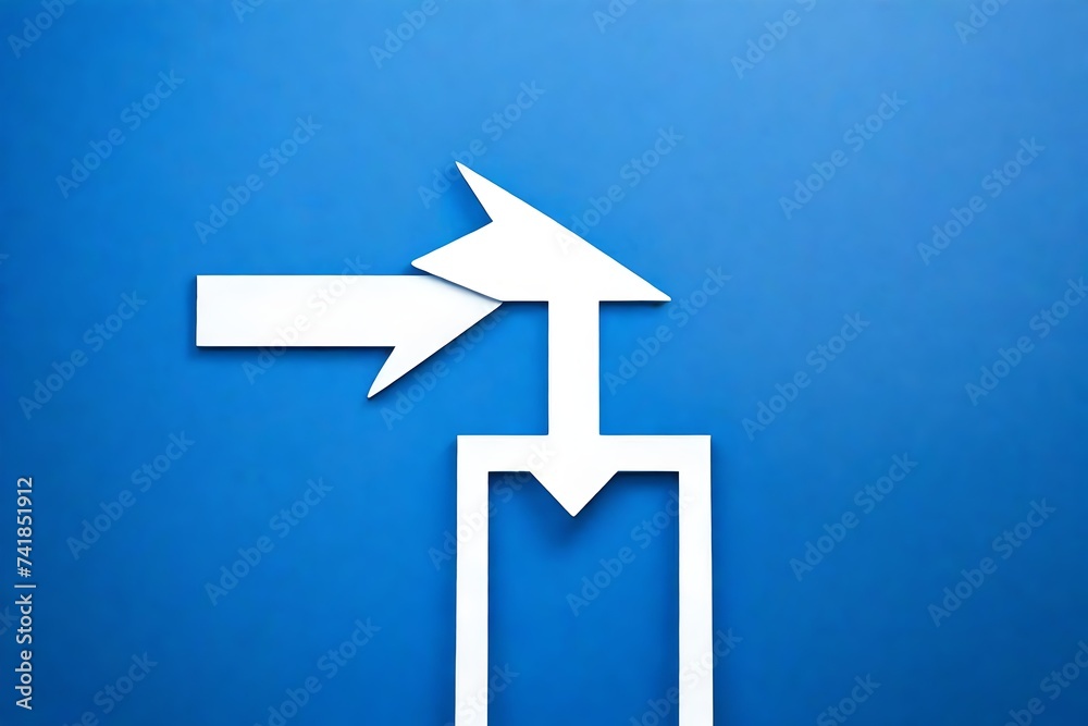 Arrow pointing down diagonal left road traffic sign icon white isolated on blue. Down road signage symbol isolated on white background with clipping path. Selective focus Arrow pointing down diagonal left road traffic sign icon white isolated on blue. Down road signage symbol isolated on white background with clipping path. Selective focus