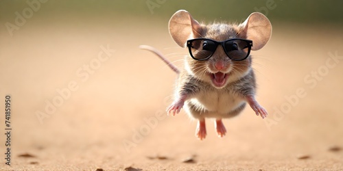 Portrait of a joyful jumping mouse in sunglasses against a light background. Promotional banner with copy space. Creative animal concept. photo