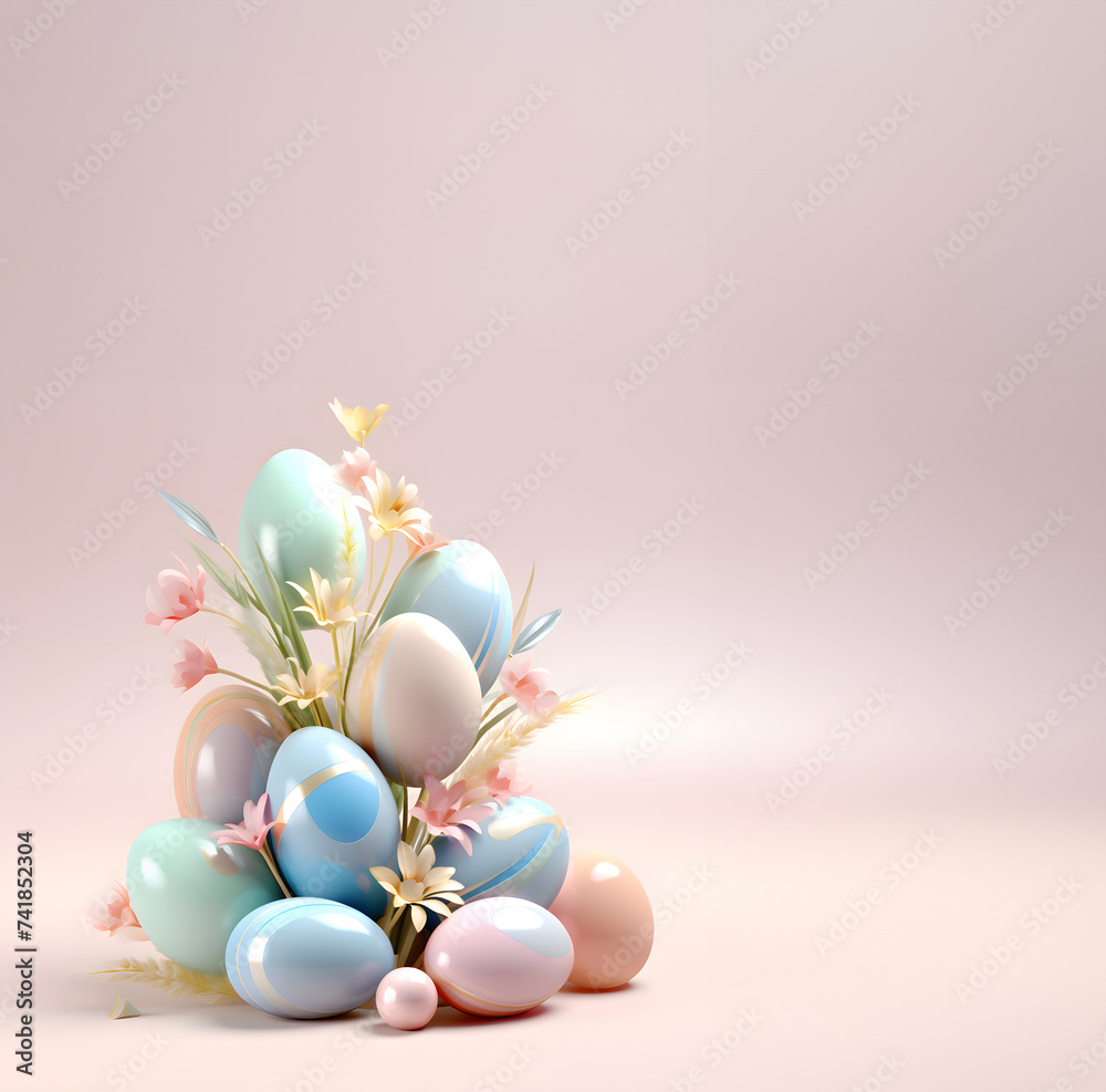 Easter elegant minimalist concept with pastel colored eggs and spring flowers.