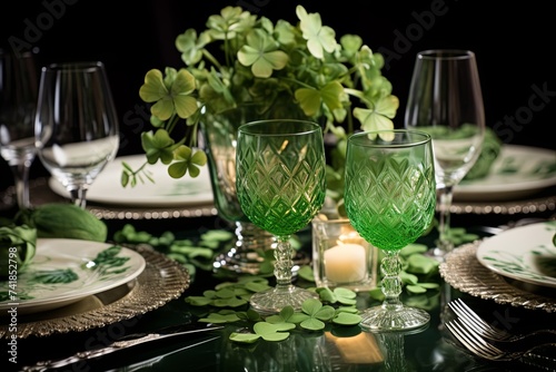 Beautiful table setting for St. Patrick's Day celebration on black background