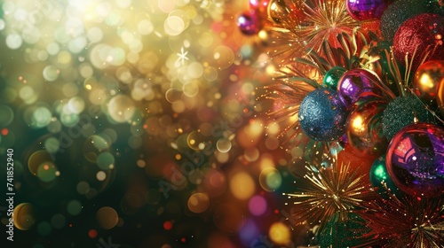 This image captures the essence of the holiday season with a close-up view of a beautifully decorated Christmas tree. Vibrant red  blue  and purple baubles hang from the rich green branches  intertwin