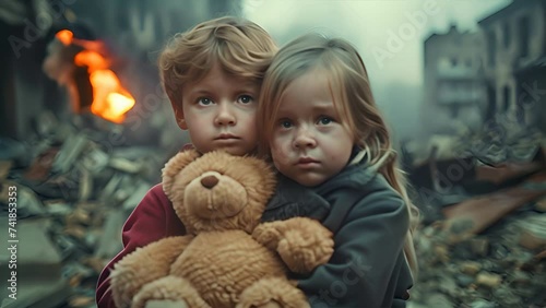 Desperate Poor Afraid Child boy and girl crying Standing holding Old teddy bear in The Middle of War Zone  photo