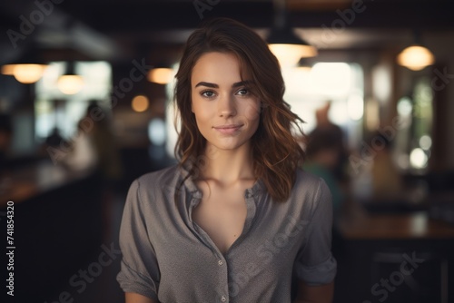 The charm of nature is captured: a brunette with long hair smiles, creating a joyful portrait in a cafe indoors.