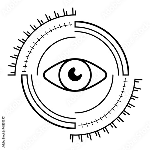 Eye vector icon. Logo cyber vision vector. The icon of the cyber eye in modern technical circles. Look in the crosshairs vector. Technological circle dials with hour markers.