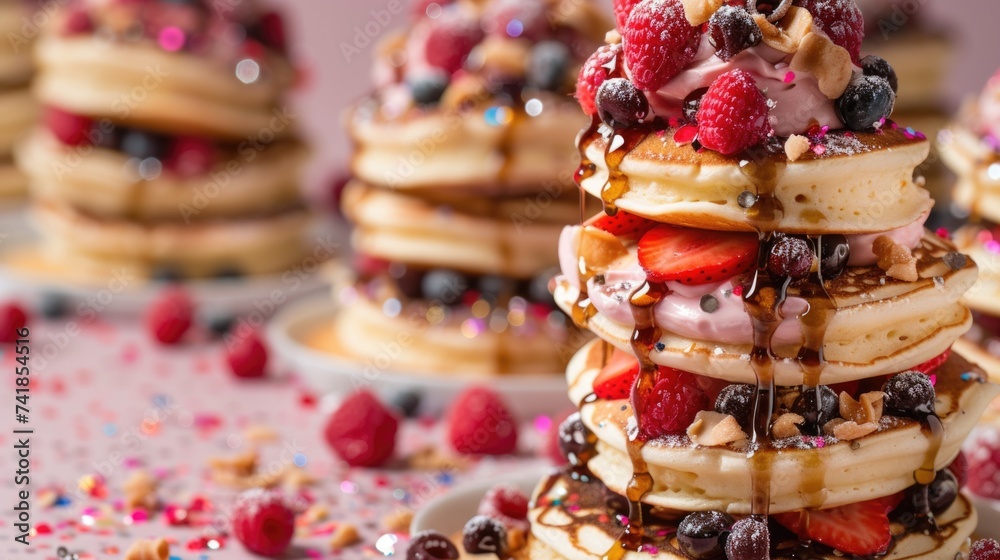 This image features a succulent stack of golden pancakes layered with a variety of fresh berries, including raspberries and sections of strawberries, drizzled generously with rich, glistening syrup. T