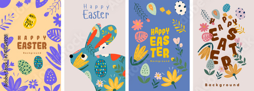 Series of naive art style vector backgrounds for Easter, featuring pastel-colored eggs, playful floral patterns, and a whimsical rabbit, all blended to create a joyful Spring atmosphere.
