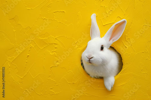 Curious easter bunny or rabbit peeking through a hole on yellow background, greeting card