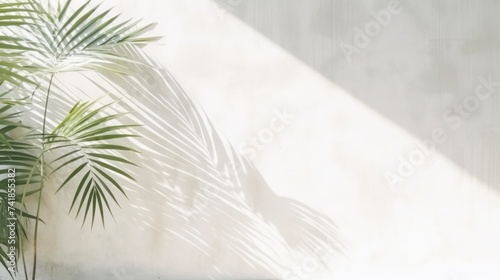 Tropical palm leaf shadow on white wall background. Copy space