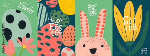 Eclectic naive art vector illustrations capturing the essence of Easter and Spring with stylized eggs, a cute rabbit face, and bright floral elements accompanied by joyful greetings.