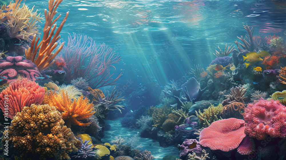 Fototapeta premium Underwater wild world with colorful corals and fish and sun rays through the water