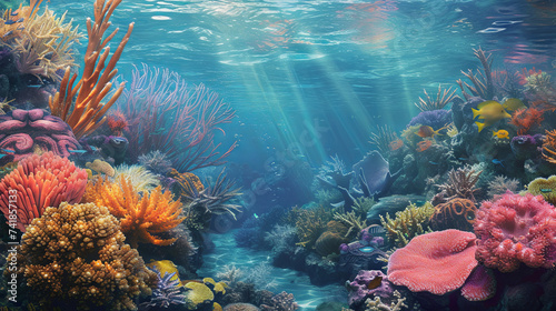 Underwater wild world with colorful corals and fish and sun rays through the water