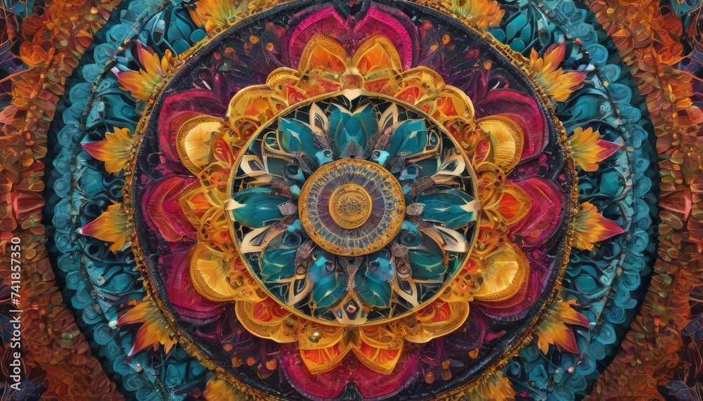 mandala, culture, symbolism, intricate, vibrant, patterns, colors, geometric, traditional, abstract, no people, horizontal, Intricate Reflecting Rich Cultural Symbolism Vibrant