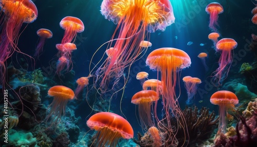 jellyfish  aquarium  underwater  abyss  medusa  ocean  water  aquatic  reef  sea  animal  blue  nature  abstract  undersea  deep  background  sea life  Mystical Bioluminescent Creatures Illuminate
