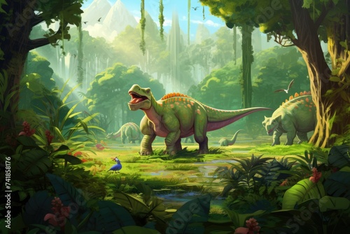 friendly dinosaur world full of lush green vegetation. © SaroStock
