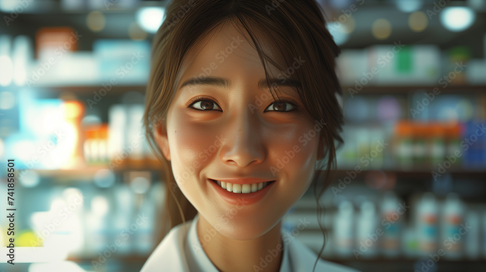 Smiling female asian pharmacist in drugstore store Smiling female asian pharmacist in drugstore store