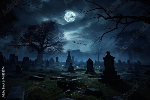 graveyard at night illuminated by full moonlight photo
