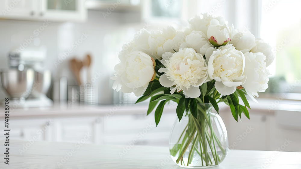 Bouquet of white delicate peonies on the table