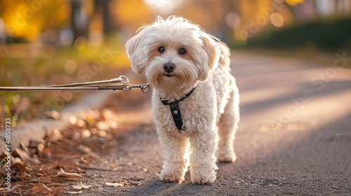Cute maltipoo dog on a walk outside, blurred background