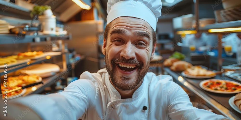 A laughing loudly kitchen chef holding a selfie camera, modern pizzeria background
