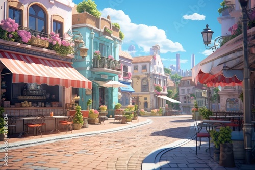 pastel city with cute cafes and shops, bustling with animals.