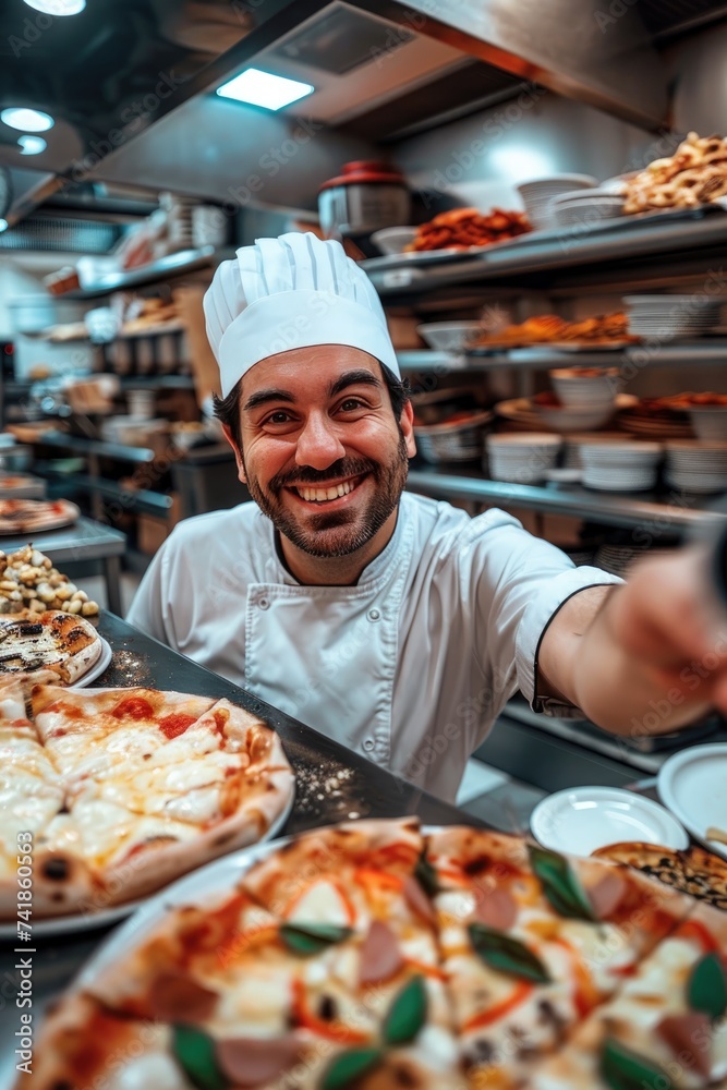 A laughing loudly kitchen chef holding a selfie camera, modern pizzeria background