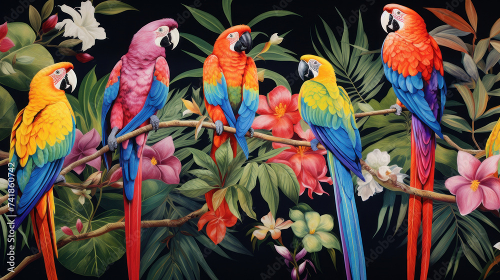 Vibrantly colored parrots perched on tropical branches