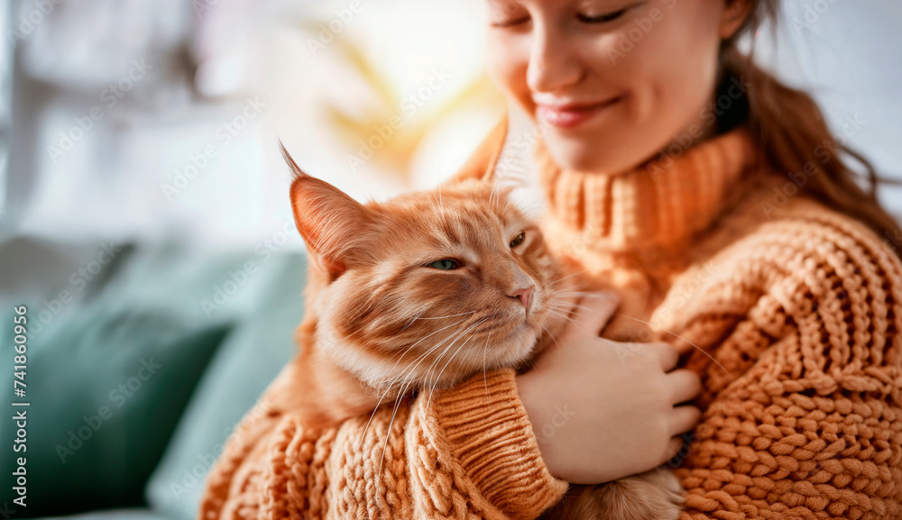 A smiling woman hugging her cat in a matching knit sweater A smiling woman hugging her cat in a matching knit sweater
