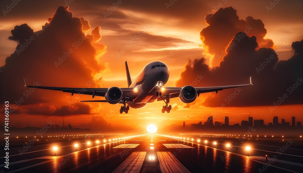 The image is a stunning photograph of a commercial airplane taking off against a breathtaking sunset with the sun low on the horizon
