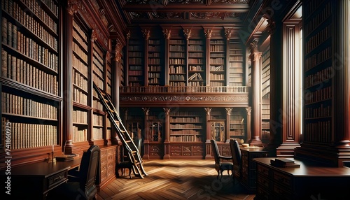 The image is a luxurious, dark-toned library with floor-to-ceiling bookshelves filled with books, a classic rolling library ladder, and a grand desk illuminated by natural light streaming in from a ta photo