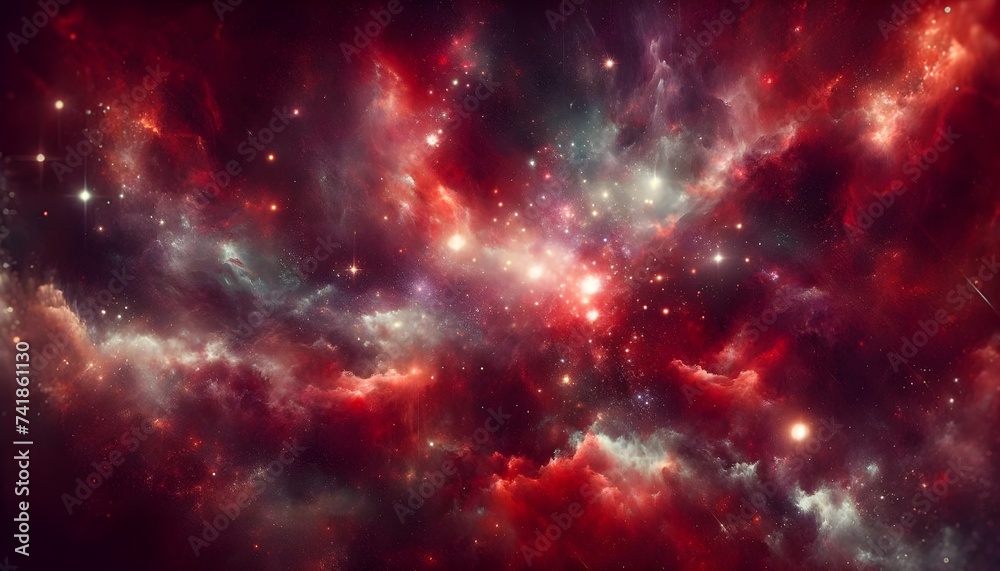 This image depicts a vibrant cosmic scene filled with nebulous clouds, stars, and interstellar dust in a myriad of reds, blues, and whites, creating a mesmerizing view of deep space.

