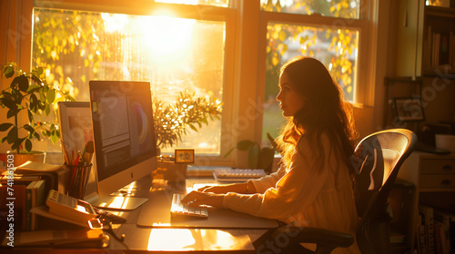 Femme en télétravail de chez elle, home office à la maison