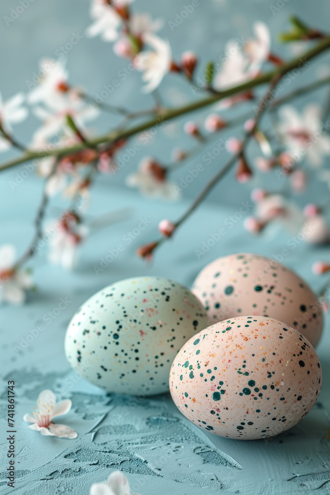 Easter Concept: Speckled Eggs and Spring Blossoms on Textured Blue Background
