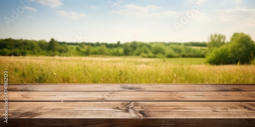 Wooden table top on field.