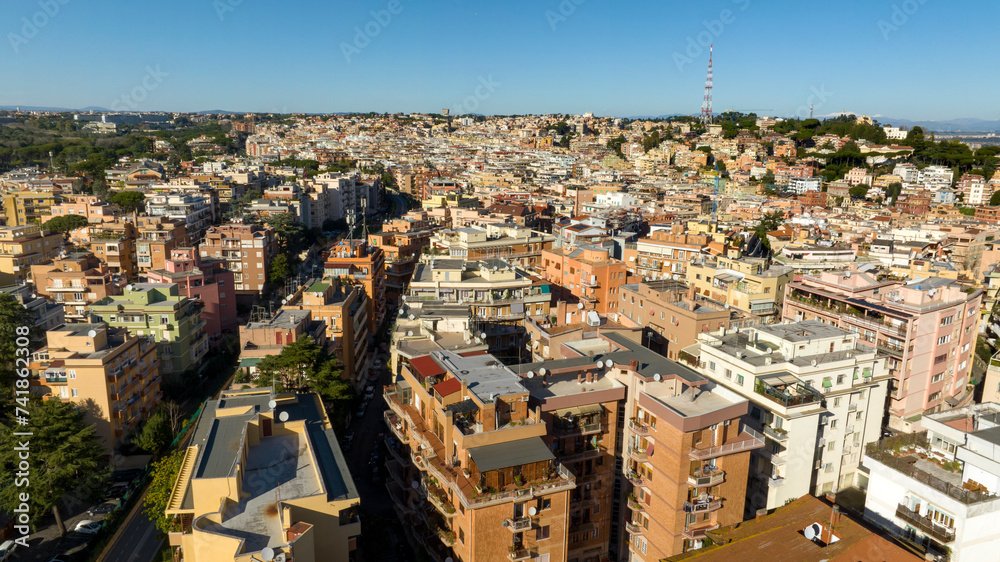 Aerial view of the Balduina neighborhood in Rome, Italy. In the background the astronomical observatory located in Monte Mario.