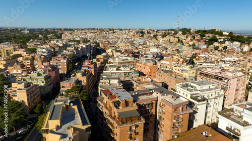 Aerial view of the Balduina neighborhood in Rome, Italy. In the background the astronomical observatory located in Monte Mario.