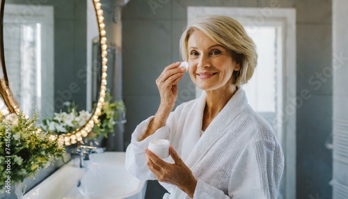 Attractive mid age older adult 50 years old blonde woman wears bathrobe in bathroom applying nourishing antiage face skin care cream treatment, looking at mirror doing daily morning beauty routine  photo
